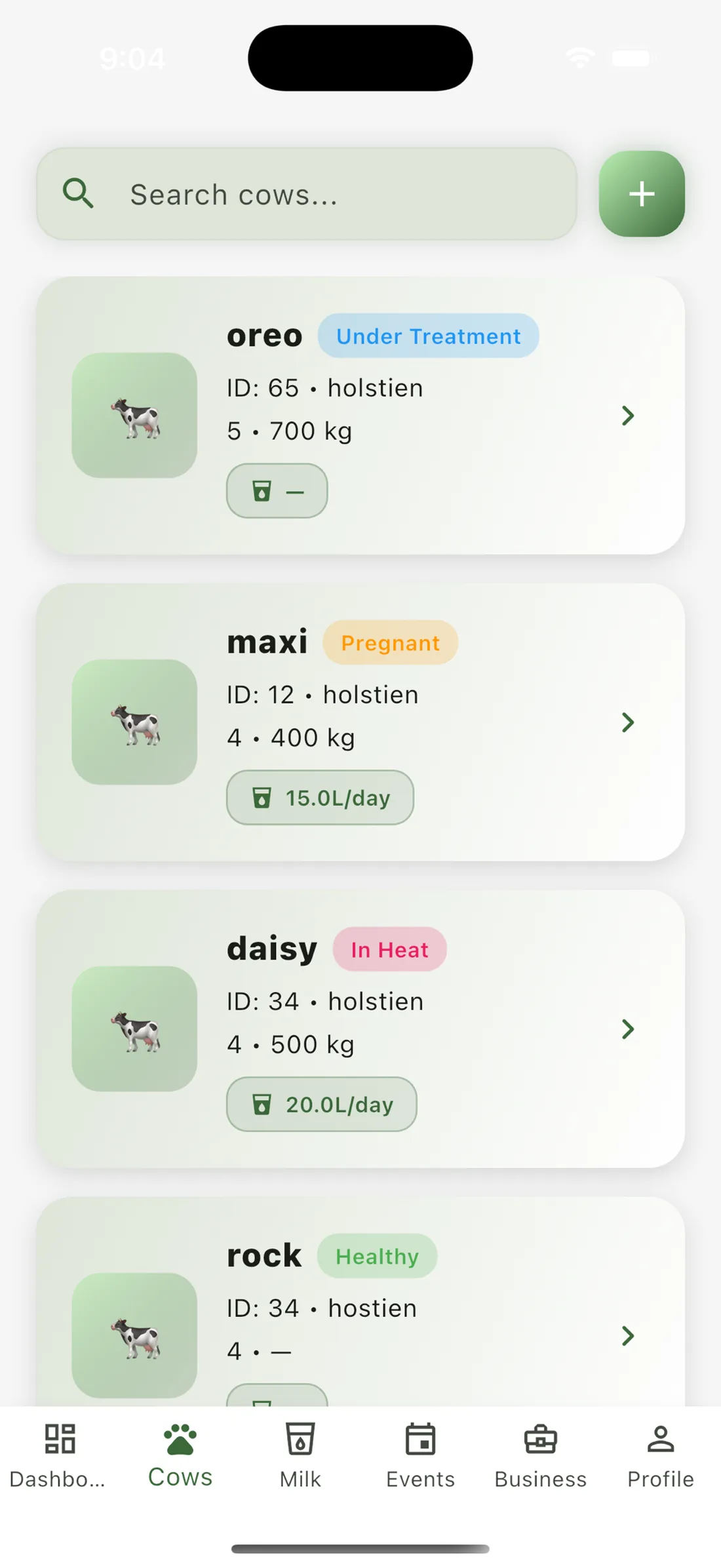 FullFarm cow list, light mode