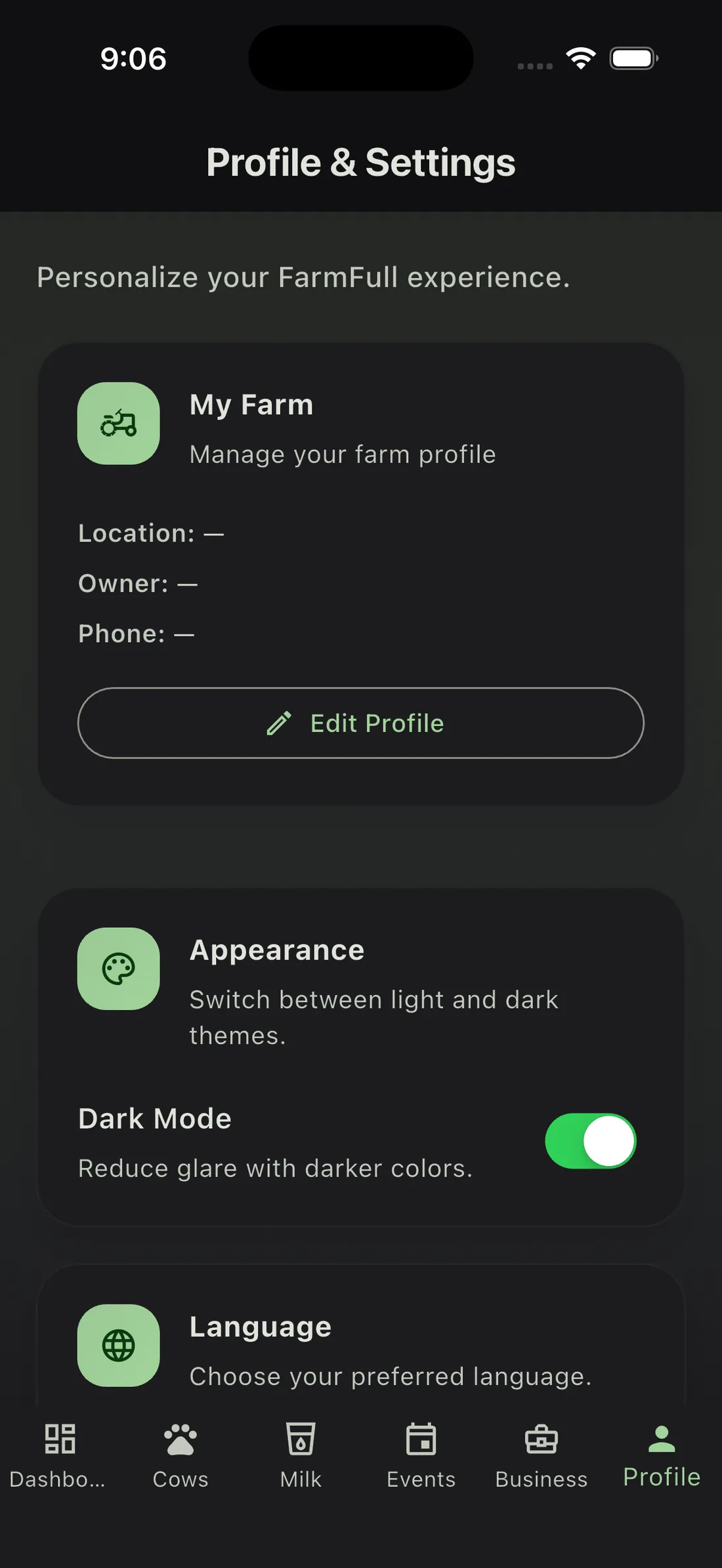 FullFarm settings, dark mode
