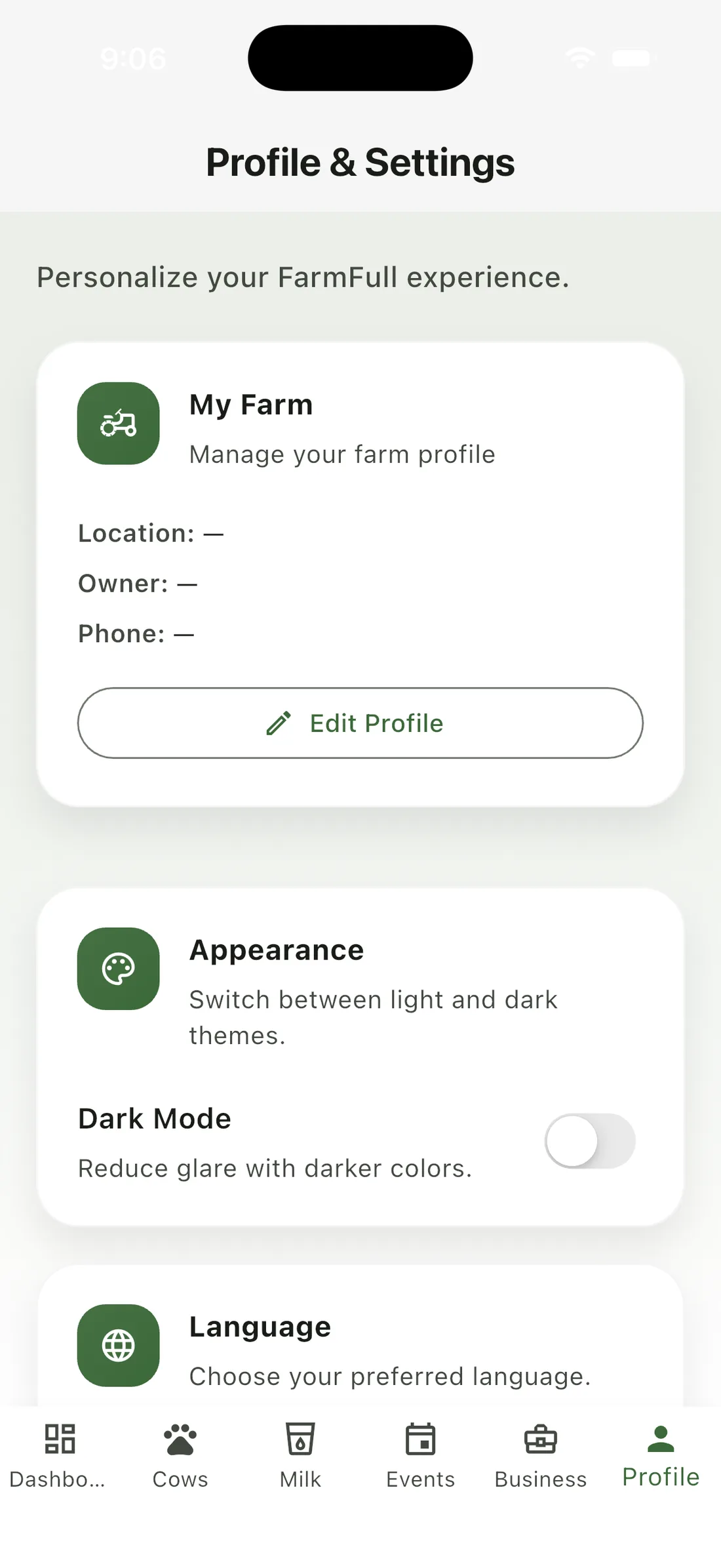 FullFarm settings, light mode